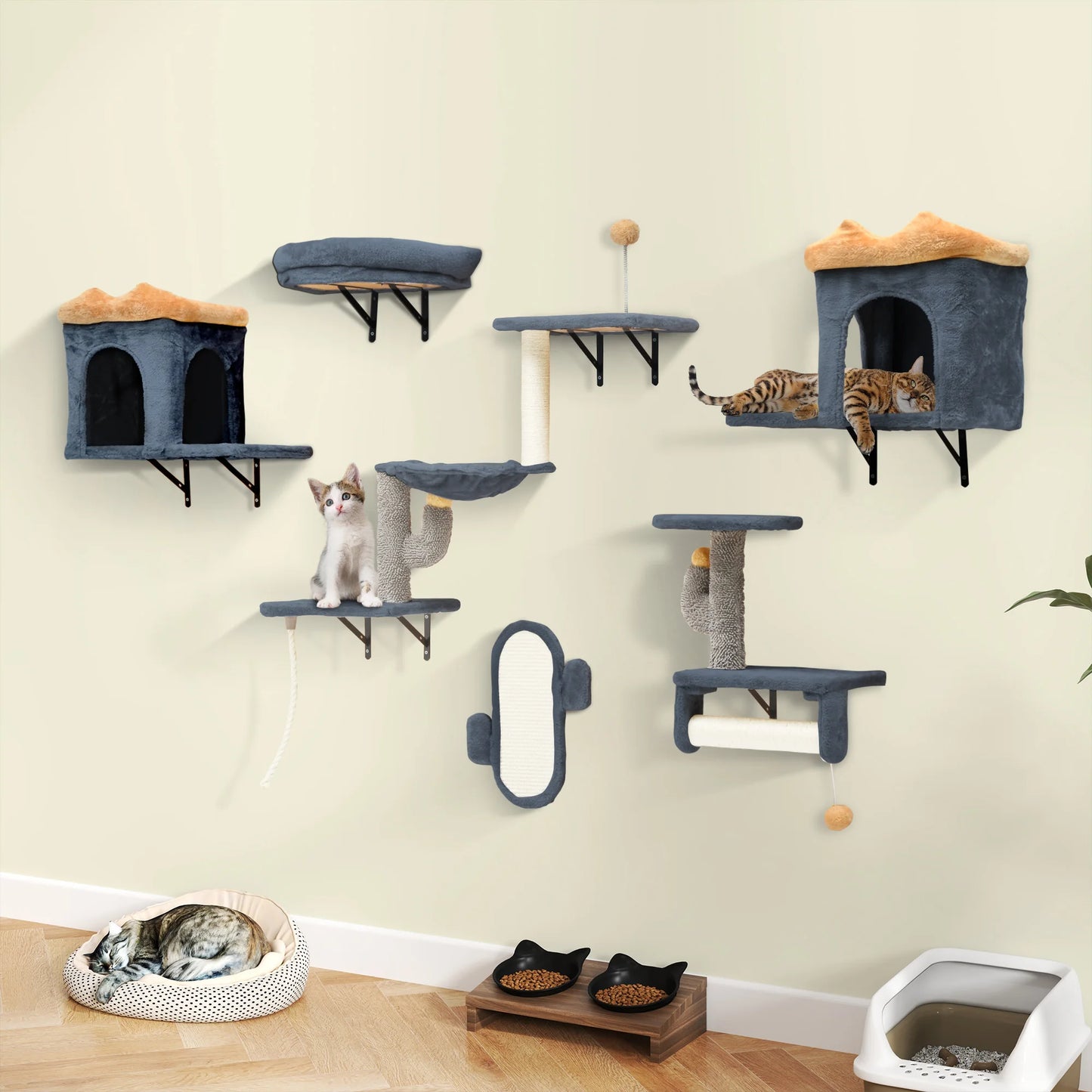 YITAHOME Dark Grey & Yellow 7-Piece Cat Climbing Set - Plush Towers with House, Hammock & Hanging Ball