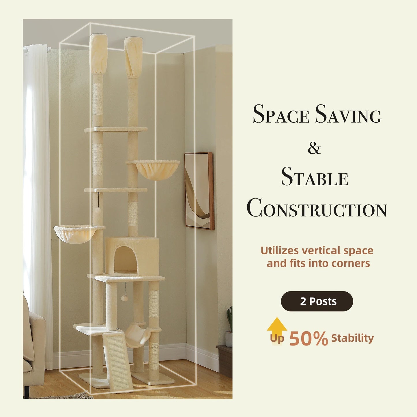 Floor to Ceiling Cat Tree with Sisal Scratching Posts Cozy Condo Hammock Adjustable Height Tall Cat Tower for Indoor Cat Toys