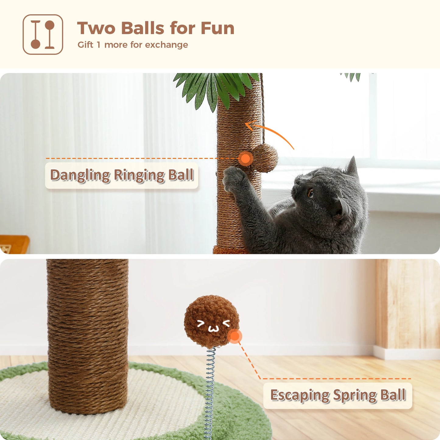 Cat Scratching Post with Spring Ball, Tall Cat Scratcher for Indoor Cats, Sisal Cat Scratch Post with Hanging Ball, Kitten Toys