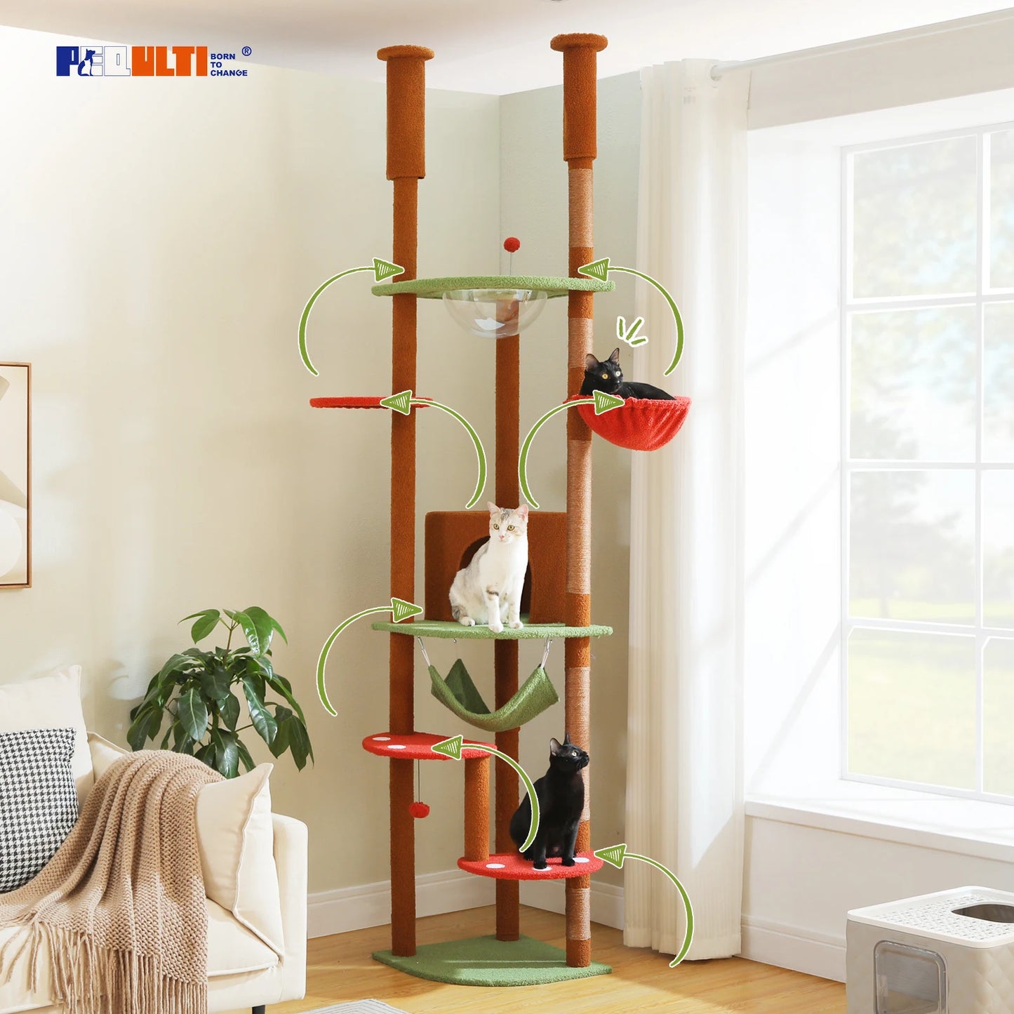 Floor to Ceiling Cat Tree with Sisal Scratching Posts Cozy Condo Hammock Adjustable Height Tall Cat Tower for Indoor Cat Toys