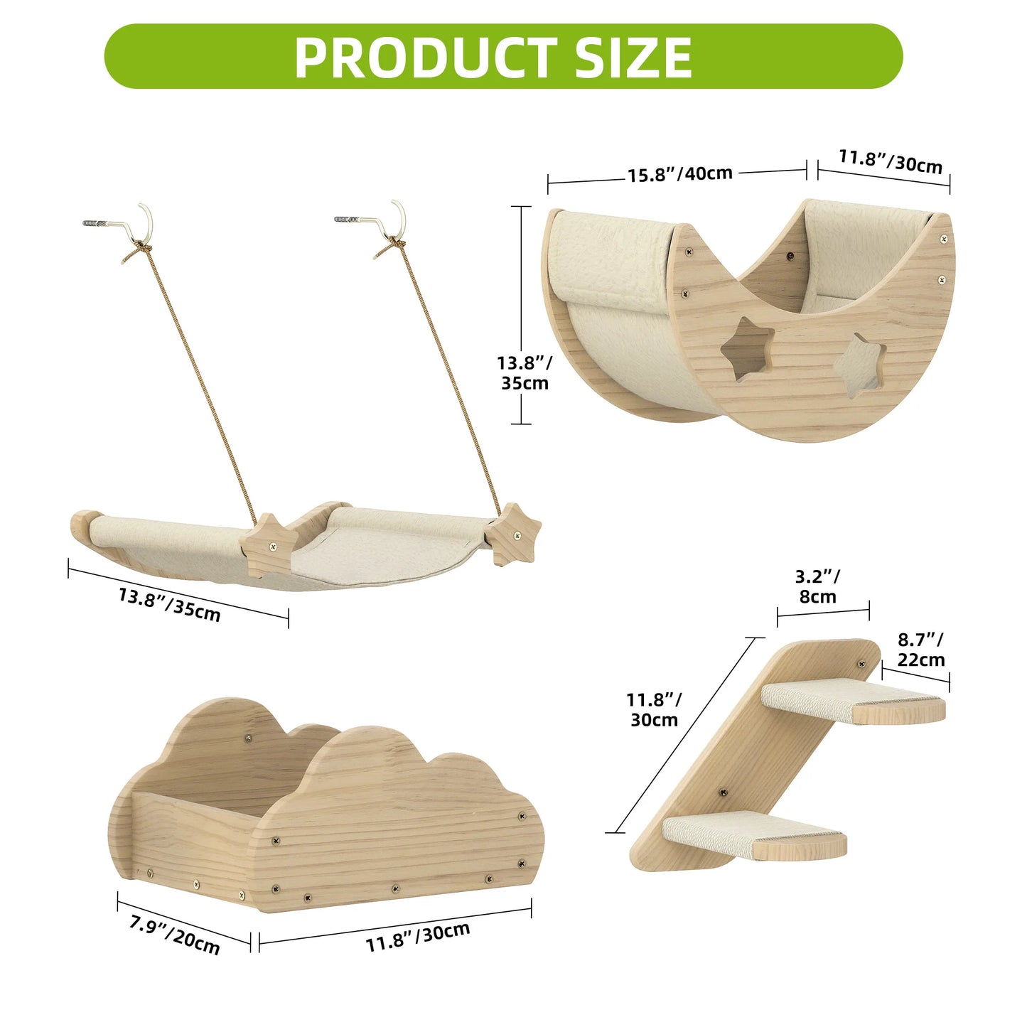 YITAHOME 6-Piece Solid Wood Cat Climbing Wall - 3 Stairs, 2 Beds & Flannel Hammock for Play/Sleep/Lounge