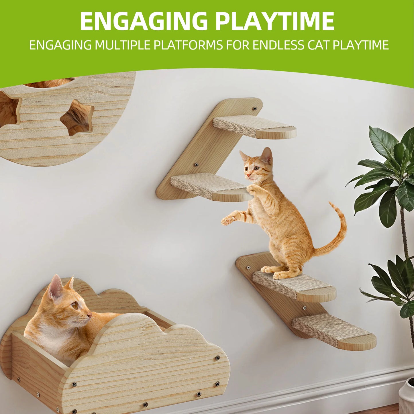 YITAHOME 6-Piece Solid Wood Cat Climbing Wall - 3 Stairs, 2 Beds & Flannel Hammock for Play/Sleep/Lounge