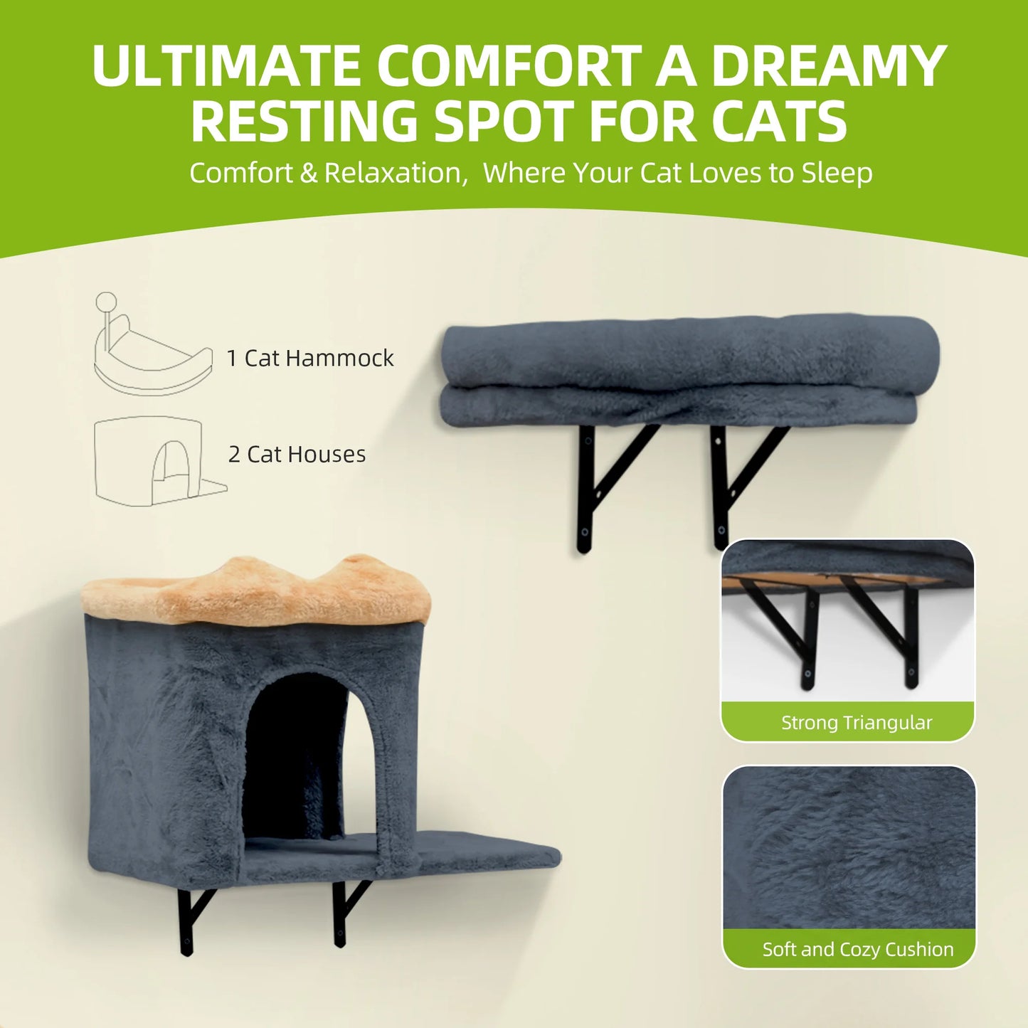 YITAHOME Dark Grey & Yellow 7-Piece Cat Climbing Set - Plush Towers with House, Hammock & Hanging Ball