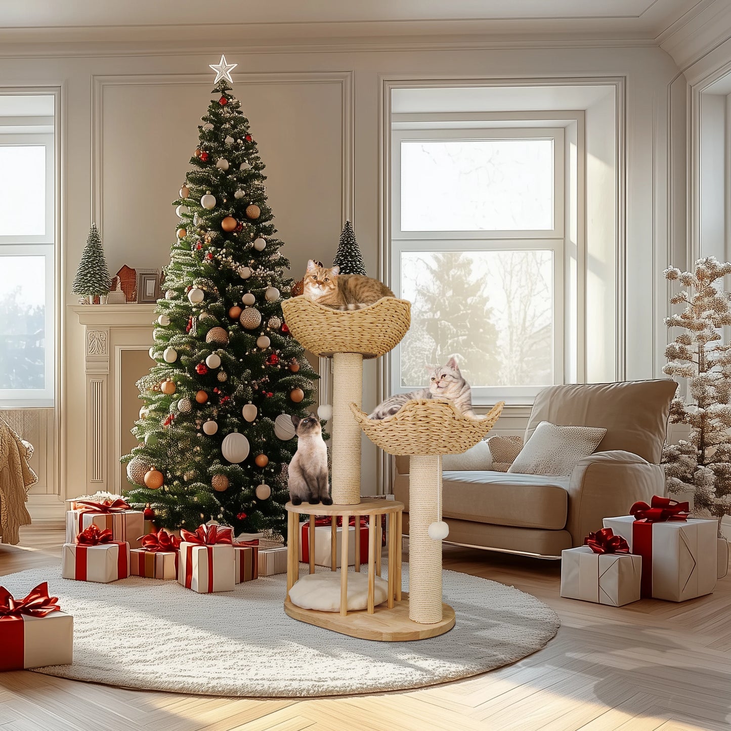 3-Tier Cat Tree Padded Plush Napping Perches Kitten Condo Sisal Rope Scratching Posts and Hanging Toy Tower for Indoor Kitties