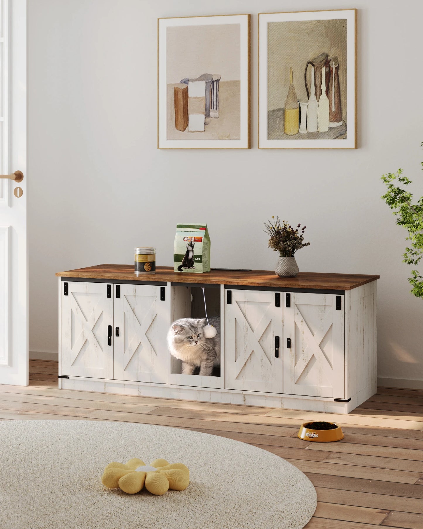 Hzuaneri Cat Cabinet with USB Ports and Sockets, Cat  Box  Hidden Cat Litter Tray for 2 Cats, Indoor Cat House with Cat Bell