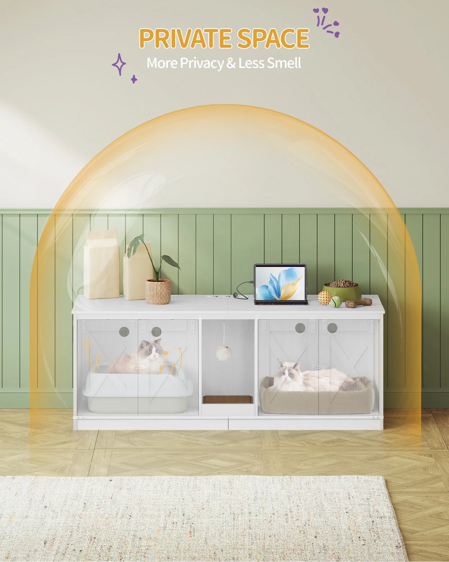 Hzuaneri Cat Cabinet with USB Ports and Sockets, Cat  Box  Hidden Cat Litter Tray for 2 Cats, Indoor Cat House with Cat Bell