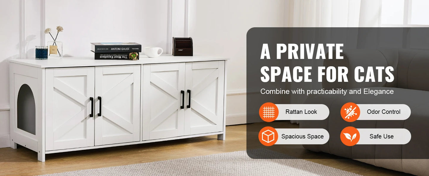 SucceBuy Cat Litter Box Enclosure for 2 Cats Litter Box Furniture Hidden Wooden Cat Box Cabinet Fit Most of Litter Box White