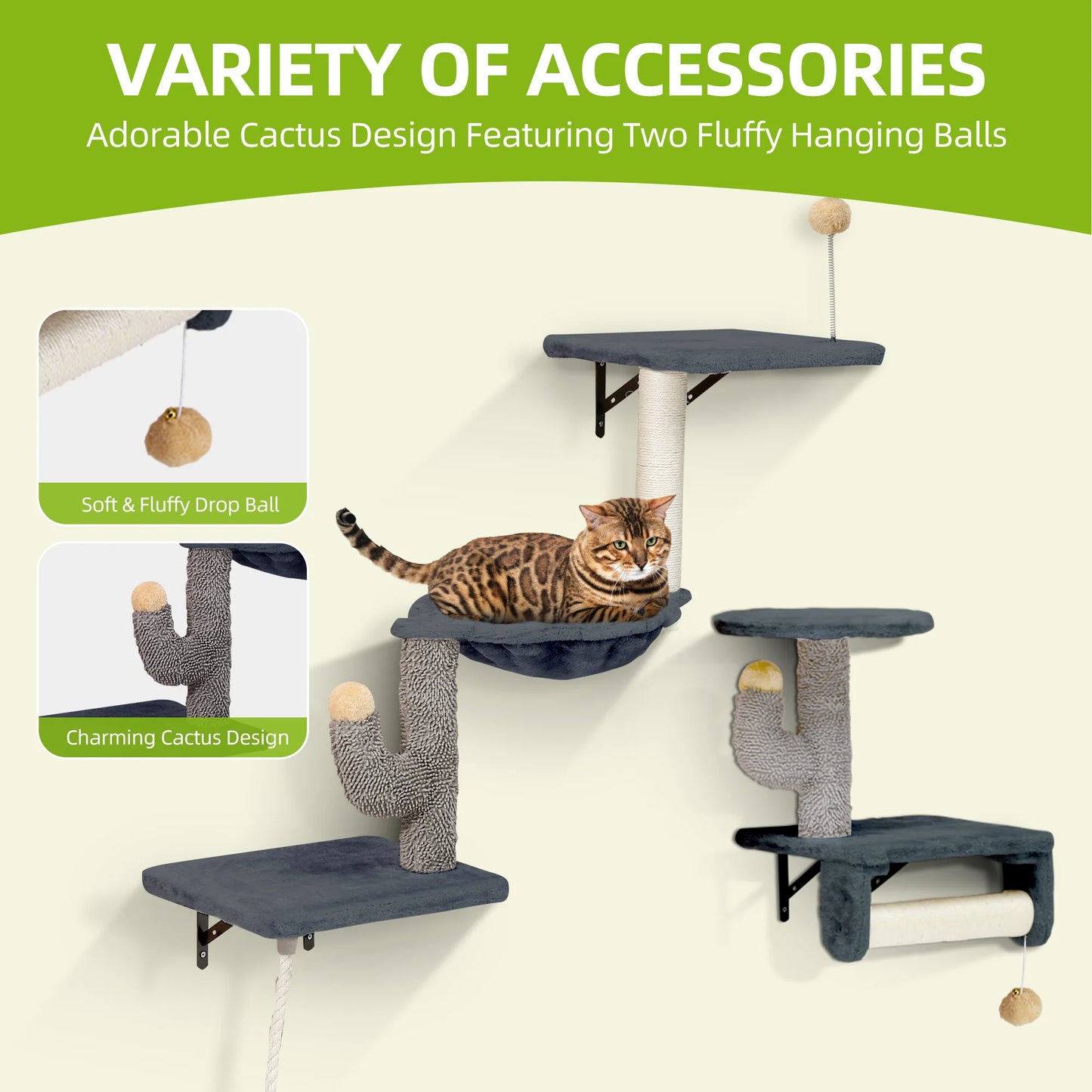 YITAHOME Dark Grey & Yellow 7-Piece Cat Climbing Set - Plush Towers with House, Hammock & Hanging Ball