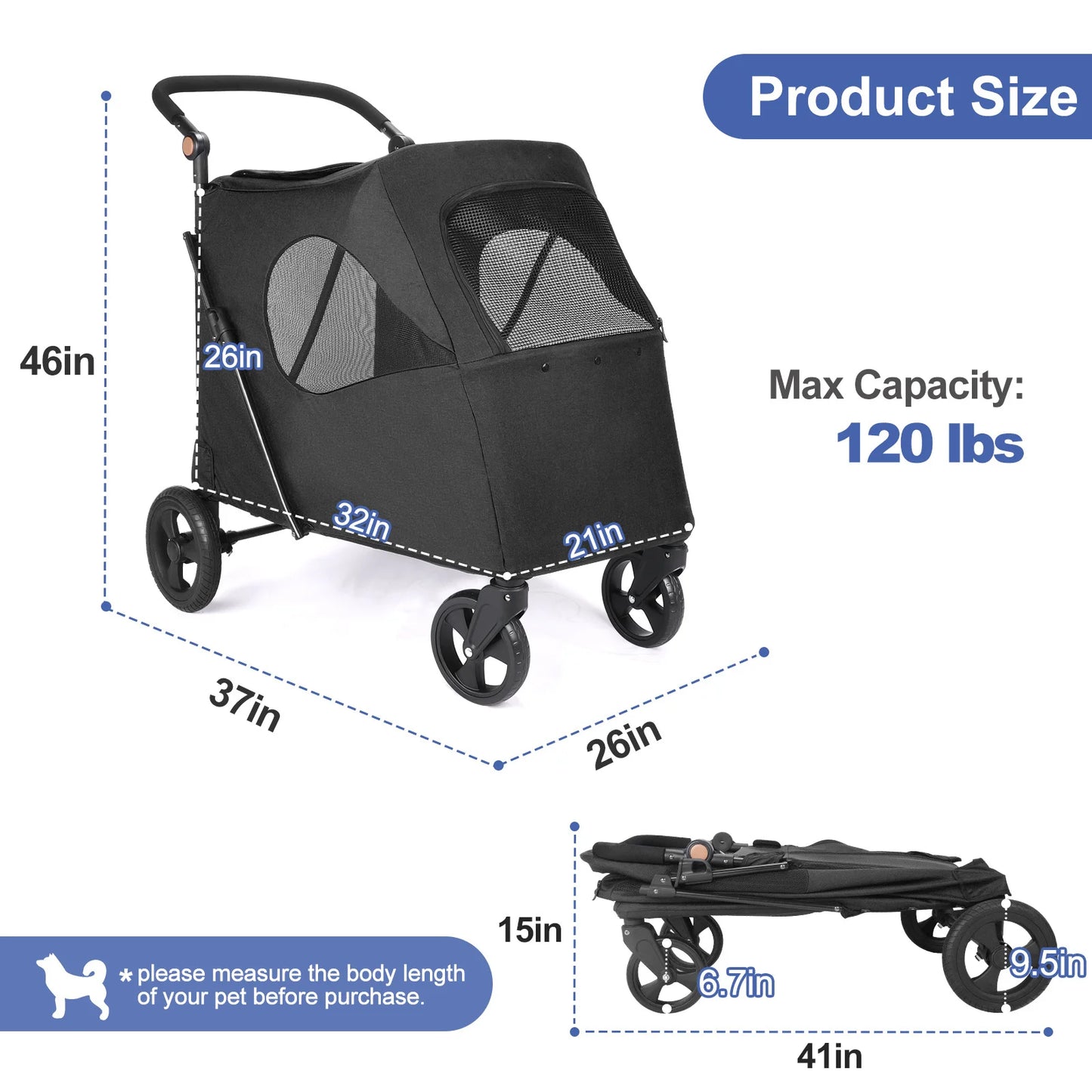 Large Pet Stroller for Large Sized Dog or Multiple Small Dogs,Folding Frame,for Dogs Up to 120lbs,Handle-Adjustable