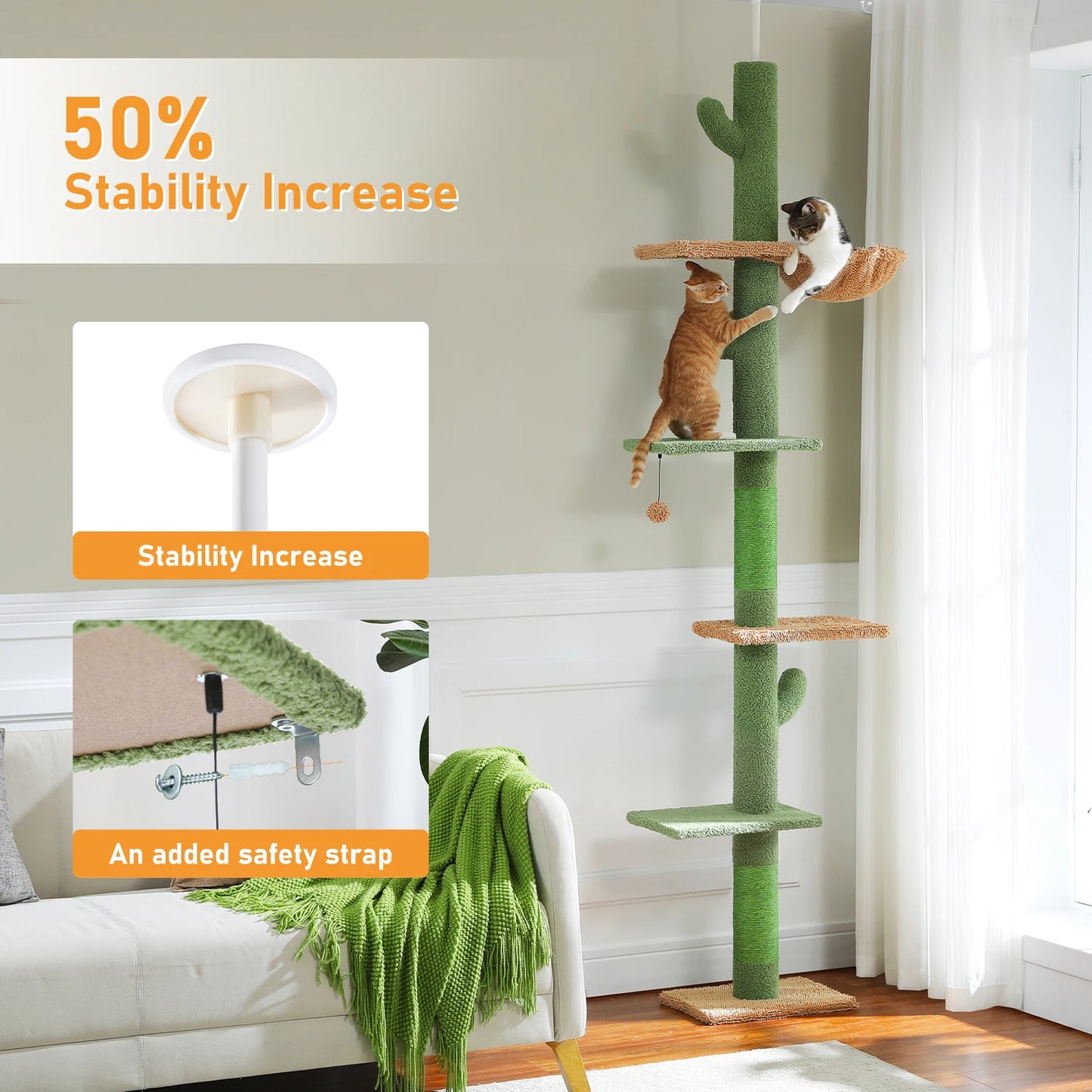 Adjustable Height Cat Tree for Indoor, Floor to Ceiling Cat Tower with Scratching Posts, Cat Condo, Hammock and Dangling Balls