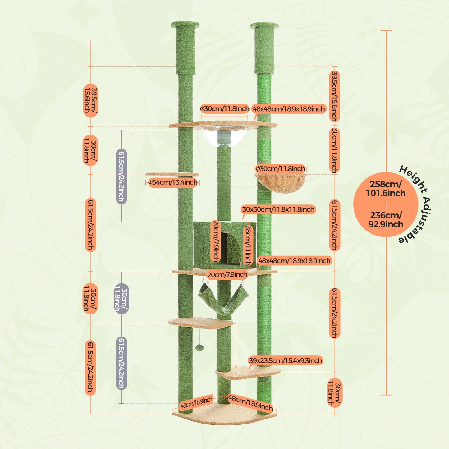 Floor to Ceiling Cat Tree with Sisal Scratching Posts Cozy Condo Hammock Adjustable Height Tall Cat Tower for Indoor Cat Toys