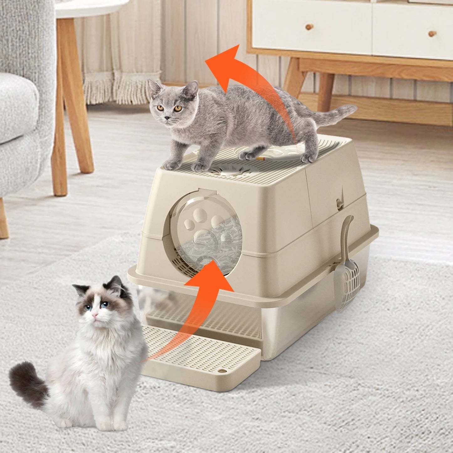 Enclosed Stainless Steel Cat Litter Box With Lid Front And Top Door Large Cat Toilet With Sand Filter Pedal & Litter Scoop