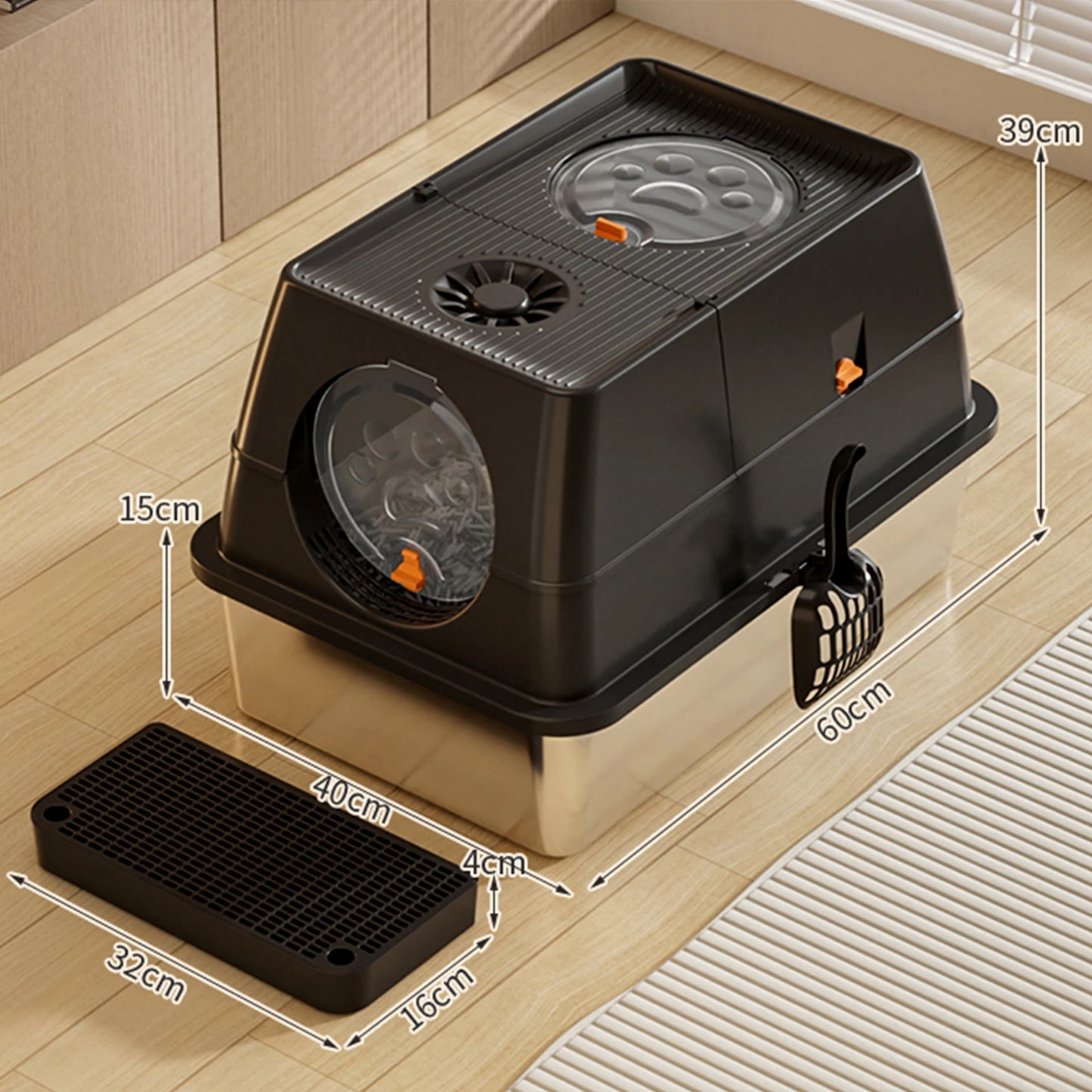 Enclosed Stainless Steel Cat Litter Box With Lid Front And Top Door Large Cat Toilet With Sand Filter Pedal & Litter Scoop