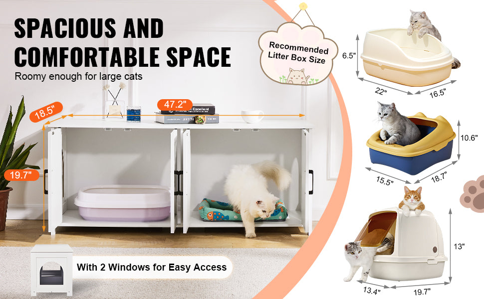 SucceBuy Cat Litter Box Enclosure for 2 Cats Litter Box Furniture Hidden Wooden Cat Box Cabinet Fit Most of Litter Box White