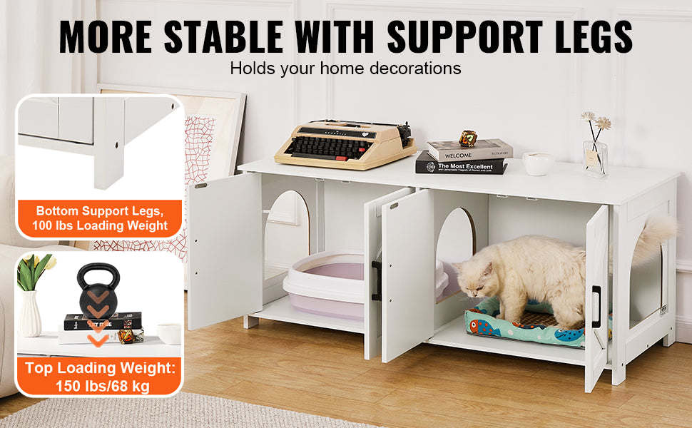 SucceBuy Cat Litter Box Enclosure for 2 Cats Litter Box Furniture Hidden Wooden Cat Box Cabinet Fit Most of Litter Box White